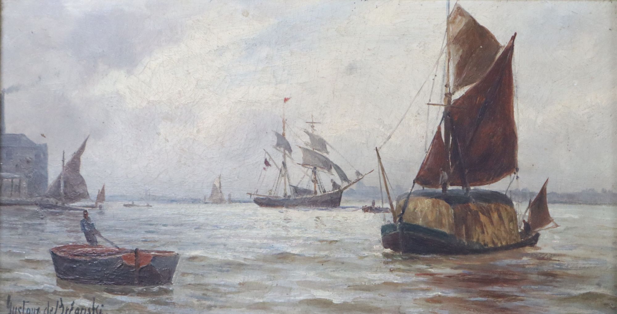 Gustav de Breanski (1856-1898), oil on board, Pool of London, signed, 15 x 29cm